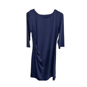 J. McLaughlin Navy Blue Ruched 3/4 Sleeve Sheath Dress Size Medium Elegant Sleek